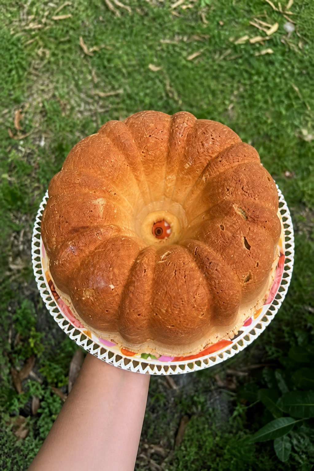 Portuguese Pão de Ló cake presented outdoors